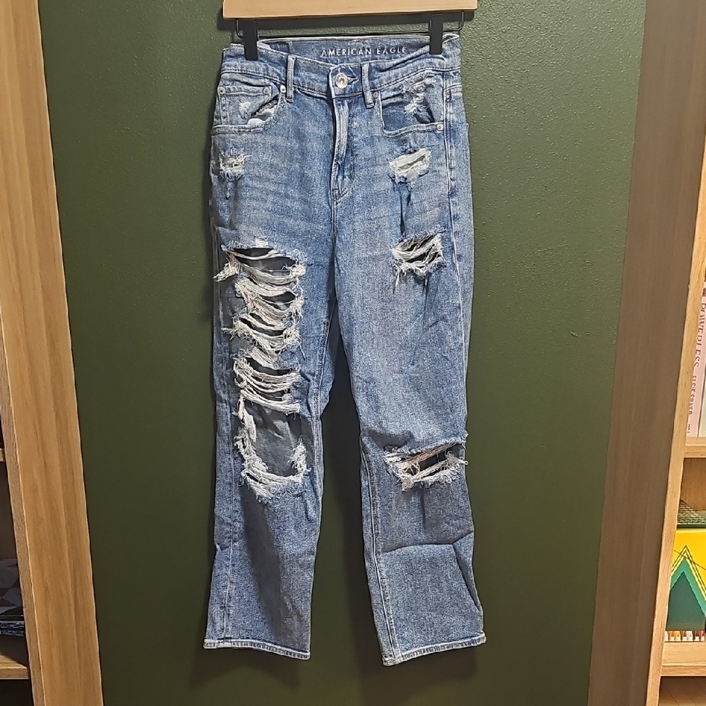 American Eagle Highest Rise 90s Boyfriend Jeans 2 Blue Distressed Grunge Y2K
